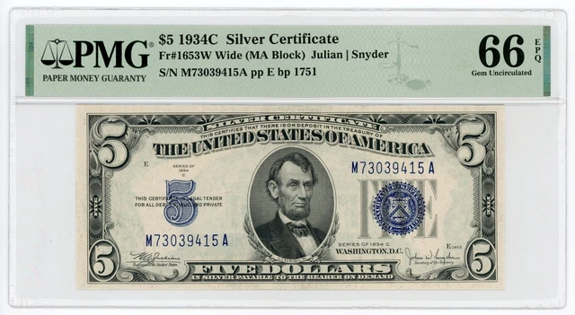 1934-C Fr.1653w (Wide) $5 United States Silver Certificate Note - PMG Gem 66 EPQ