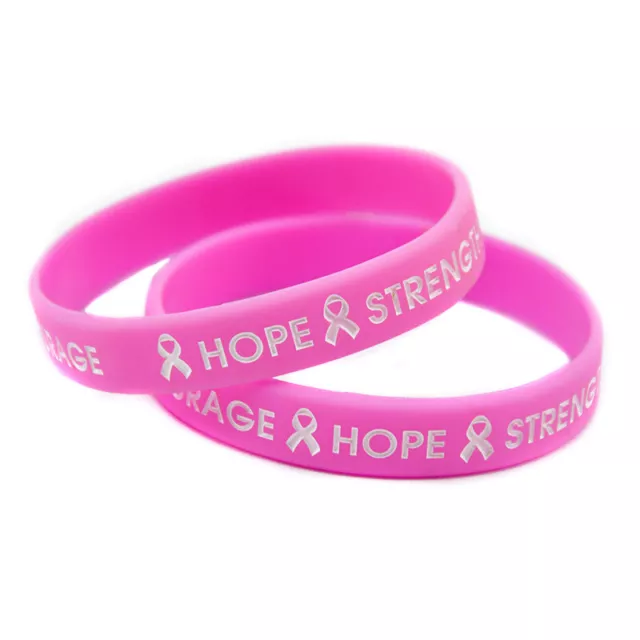 2Pcs Hope Strength Courage Breast Cancer Awareness Silicone Wristband Bracelet