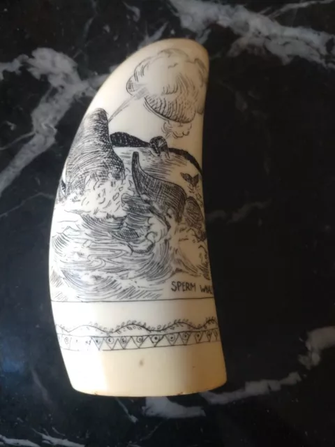 Faux Sperm Whale Tooth "Sperm Whales" Scrimshaw Resin, Artek