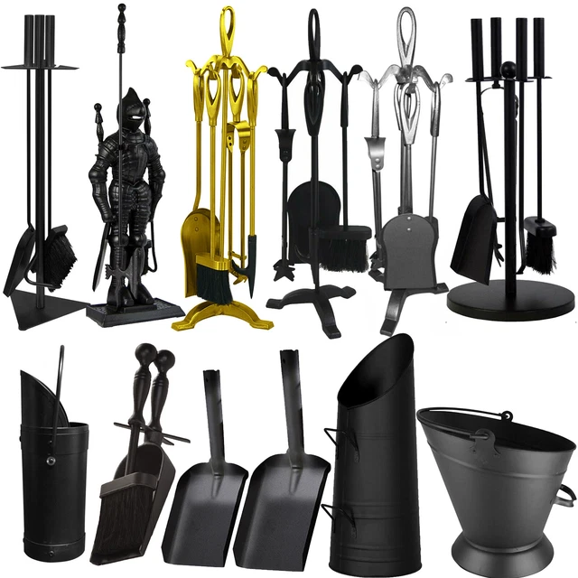 Black Contemporary "Pyramid" Fireplace Accessories Companion Set - Fireside Tools With Poker, Brush And Pan - Elegant And Functional Fireside