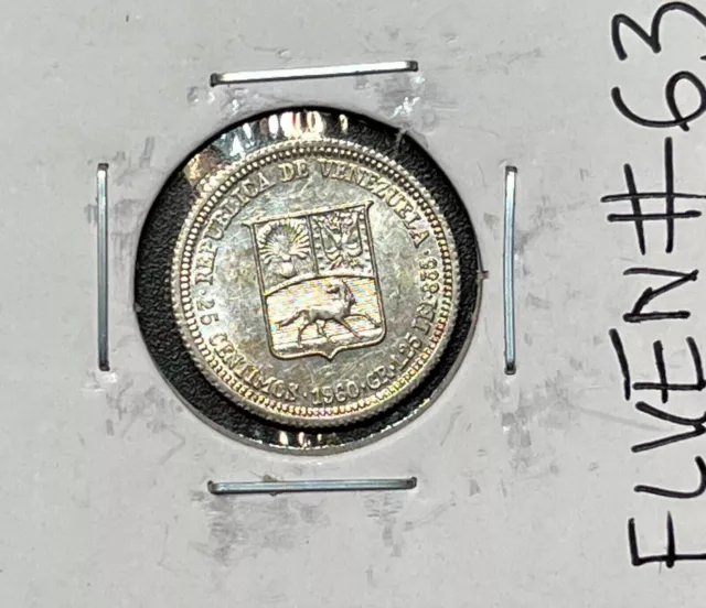 Venezuela Silver Bolivar 25 Centimos Coin 1960 AU UnCirculated FLVEN#63