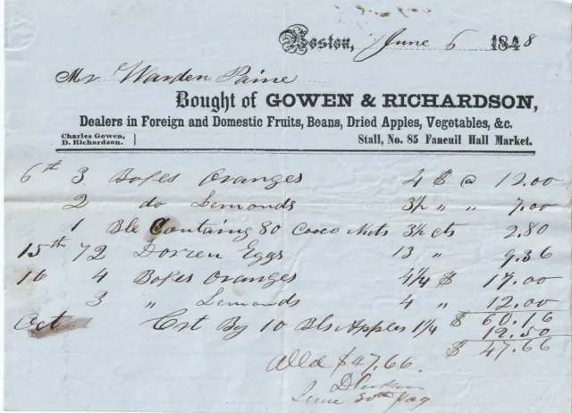 RARE Billhead - Gowan & Richardson Fruits - Boston MA 1848  $47.66 Bill  Oranges