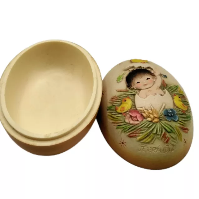 Vintage Anri Italy Easter Baby Egg Shaped Trinket Box 4" Signed