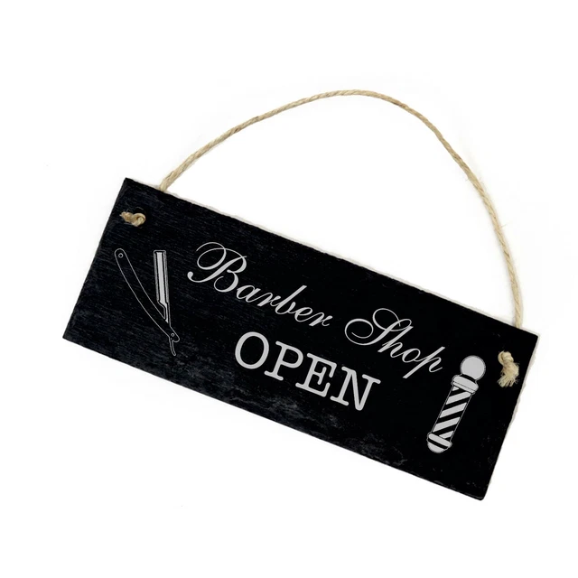 Schild Schiefertafel mit Gravur - Barber Shop OPEN - Barbier Türschild 22x8cm ✔️