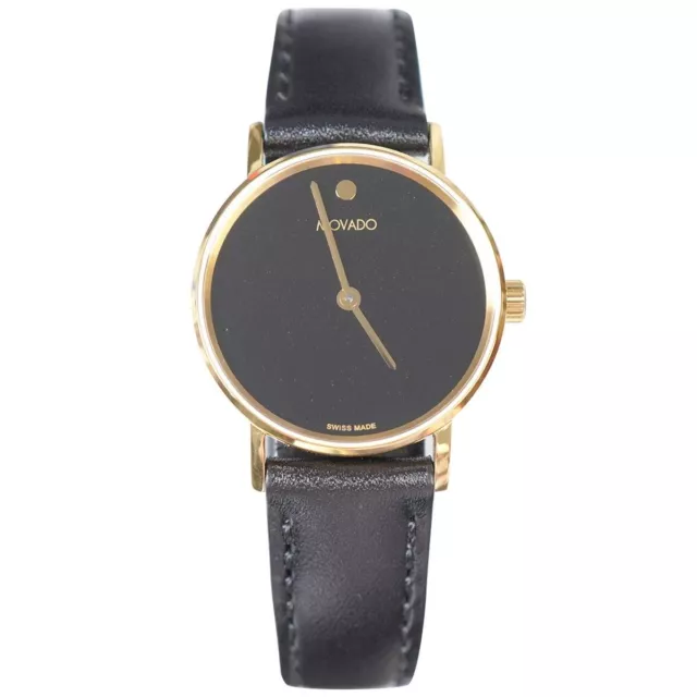 MOVADO Museum Classic Black Dial Women's Gold Slim Black Leather Strap Watch