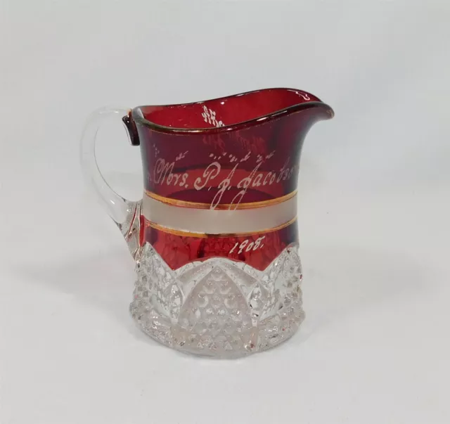 Antique 1908 Ruby Stained Etched EAPG Glass Creamer Pitcher Monmouth IL 4.25"