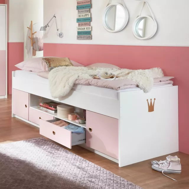 Jugendbett 90x200 Bettgestell Cindy 2 weiß rosé Funktionsbett Jugendzimmer Bett