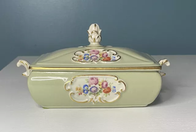 Vintage Jewelry Box St Regis Porcelain Trinket Covered Dish Green Gold Floral