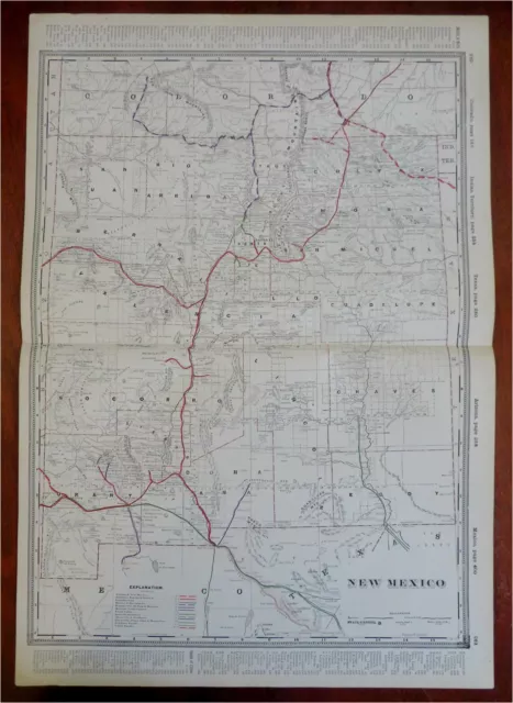 New Mexico State Map Santa Fe Albuquerque Las Cruces c. 1880's-90 Cram large map