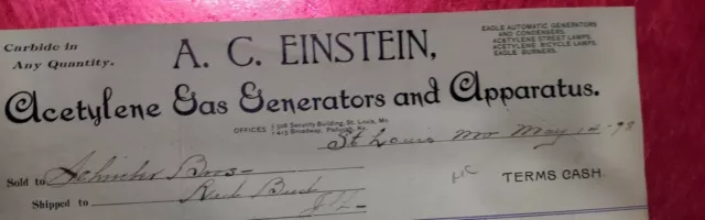 Billhead Letterhead Ephemera A. C. EINSTEIN  ACETYLENE GAS GENERATORS  1898