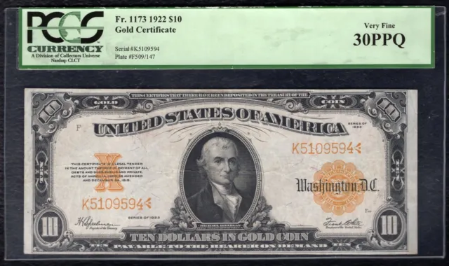 Fr 1173 1922 $10 Ten Dollars Gold Certificate Currency Note Pcgs Very Fine-30Ppq
