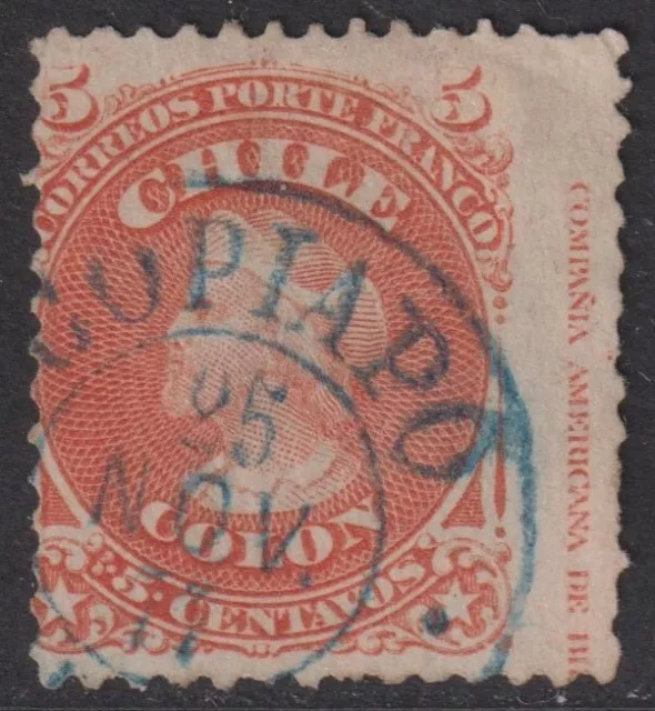 CHILE   1867  5c  Good used ' COPIAPO ' cds in Blue + IMPRINT    (p118)