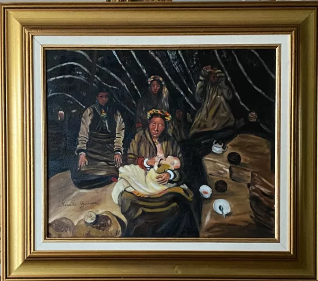 Huile   sur toile   " Nomades au Tibet " signée  Mireille Goavec