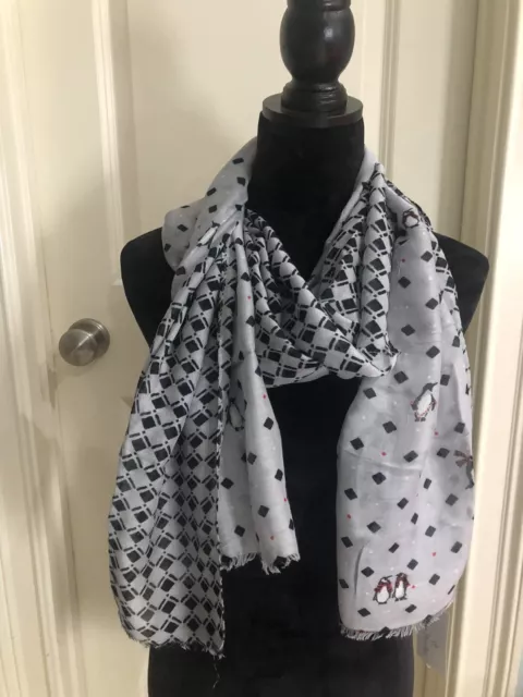 NEW VERA BRADLEY Soft Fringe Scarf Grey, Black & Red With Cute Penguins 🐧  $33.86 - PicClick AU