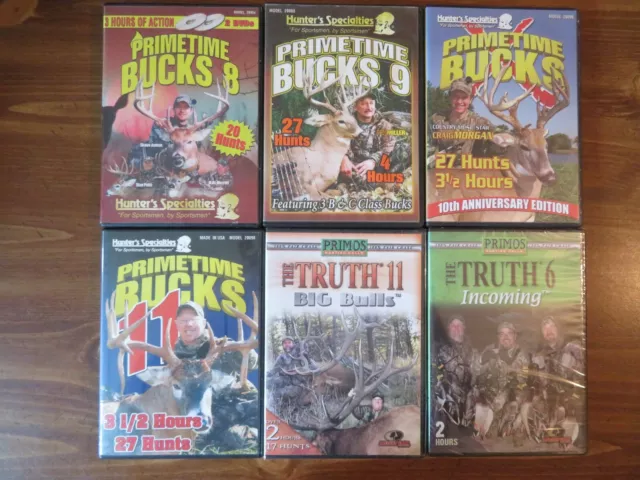 6 USED HUNTING DVD LOT; PRIMETIME BUCKS 8-11. etc. DEER. ELK. DUCKS. Sports.