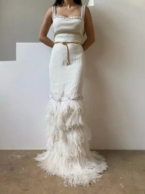 Lanvin White Ostrich Feather Dress Wedding Gown BridalUK10 FR38 New