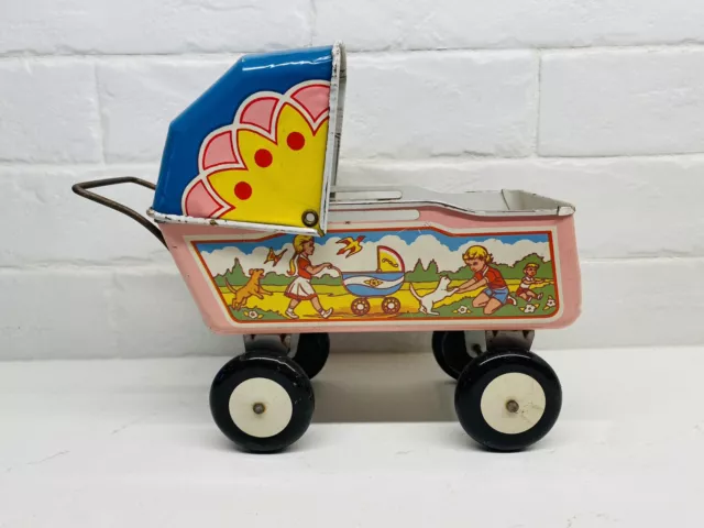 Vintage Pressed Tin Toy Baby Doll Carriage Buggy Pram Stroller Lithograph