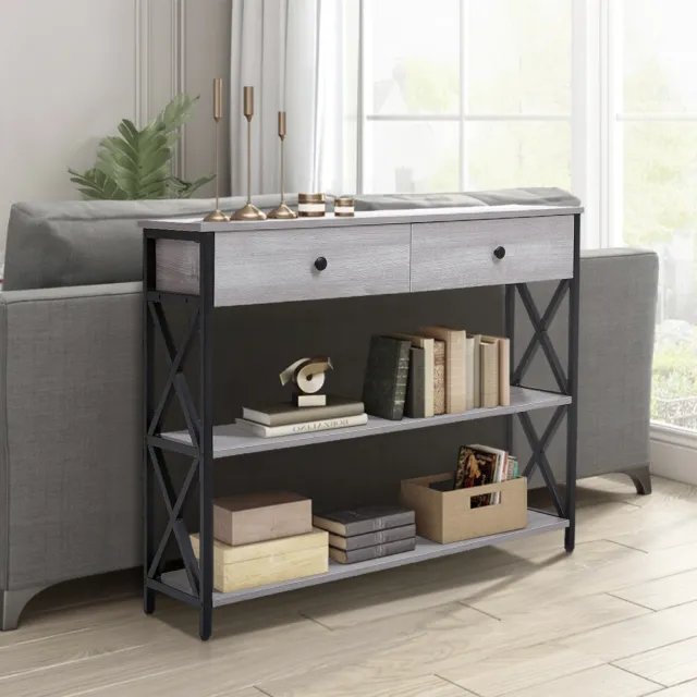 Wooden Console Table with Storage Drawers Shelves Narrow Side Table Steel Legs