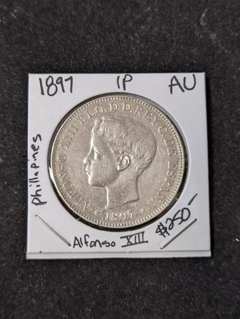 1897 Alfonso XIII Silver Coin Philippines One Peso 1P AU 2