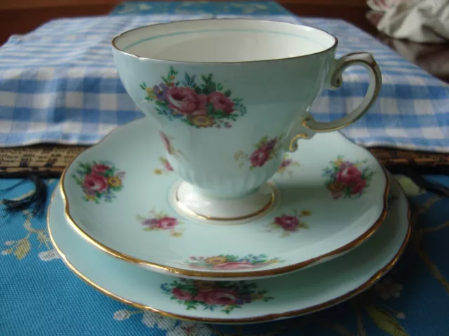 English EB Foley Mid Century Cup, Saucer and Plate Trio - Blue with Pink Roses