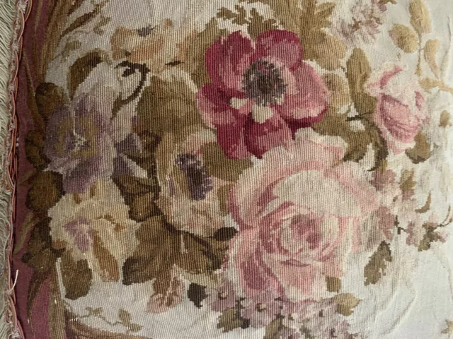 Antique Aubusson Needlepoint Tapestry Cushion Roses Pink Floral  Linen