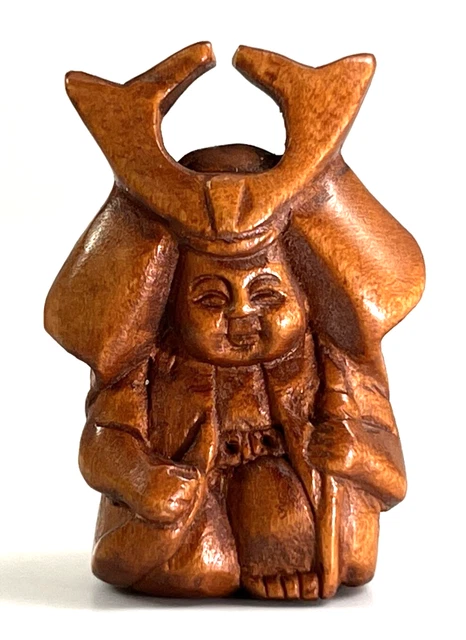 Japanese Netsuke Seated Samurai Warrior Hand Carved Boxwood 1” Bead Signed