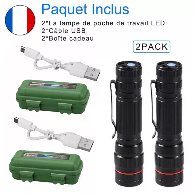 2PCS Lampe De Poche Rechargeable USB Puissante Forte Torche À Main Zoom Tactique