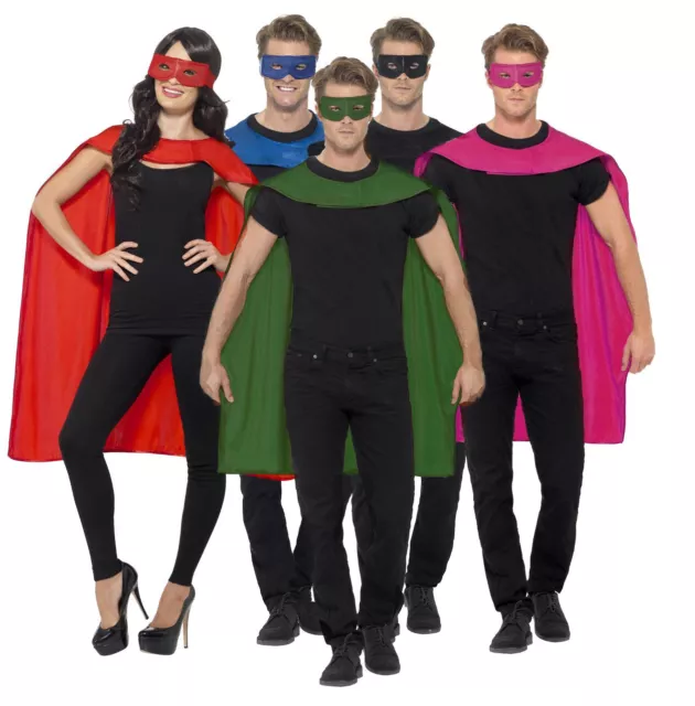 Mens Ladies Adult Superhero Cape and Mask Fancy Dress Halloween Costume Outfit