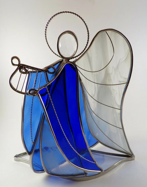 Vintage Stained Glass Blue Angel Figurine 11" Handmade Signed by Artist