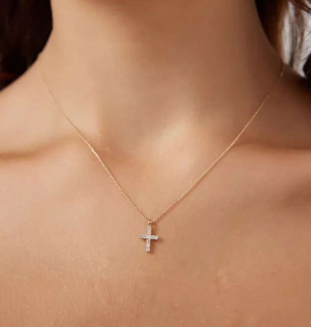 14K Solid Yellow Gold Small Diamond Cross Necklace