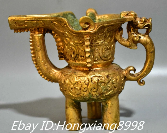 Han Dynasty Old Pure Bronze 24K Gold Dragon Beast handle Wine glass winebowl