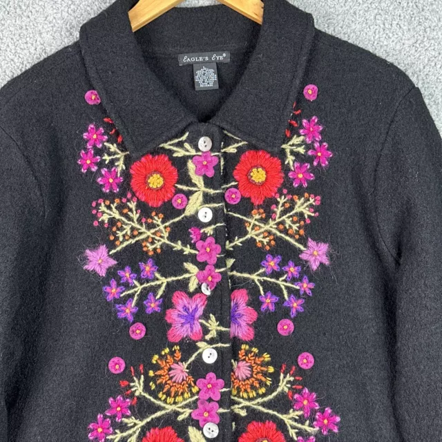 Eagle’s Eye Sweater Cardigan Jacket Womens Large Black Embroidered  100% Wool 2