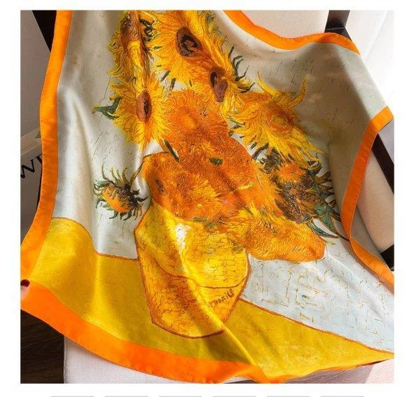 SCARF Famous Painting Orange Border Silk Fabric YELLOW SUNFLOWERS IN VASE