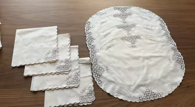 Off White Linen Place Mats, And Napkins, Cut Work And Embroidered, Set For 4