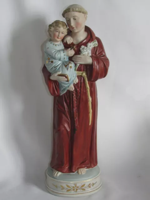 04J45 ANCIENNE STATUE RELIGIEUSE BISCUIT POLYCHROME SAINT ANTOINE DE PADOUE 41cm