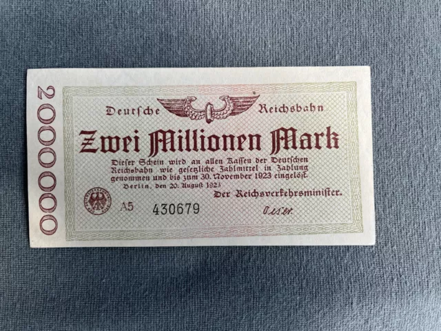 Banknote / Gutschein / Dt. Reichsbahn Inflation, 2 Mio. Mark, 20. Aug. 1923