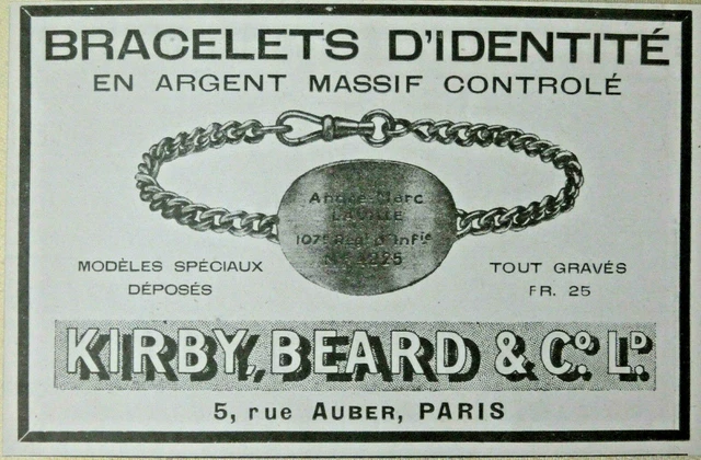 1918 Kirby Beard Solid Silver Identity Bracelets Press Advertisement