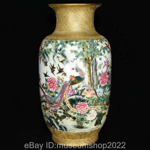 20.4" Old Chinese Qianlong Marked Colour Enamel Porcelain Gilt Hundred Bird Vase