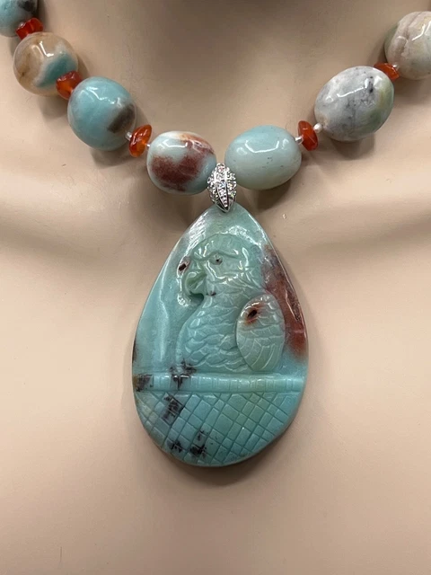 Natural Hand Carved Amazonite Bird Pendant Necklace And Earring Set