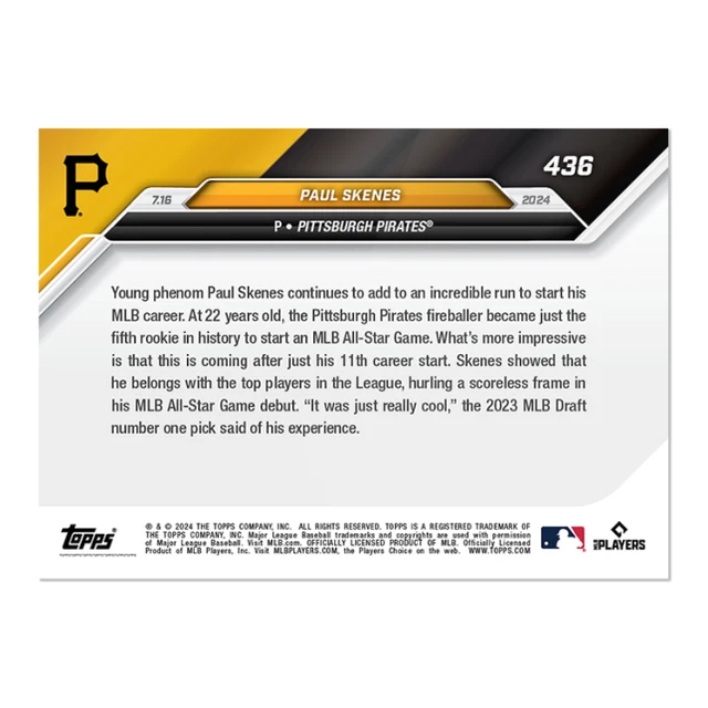 PAUL SKENES Carta 2024 MLB TOPPS NOW® 436 Rookie All Star Game COME