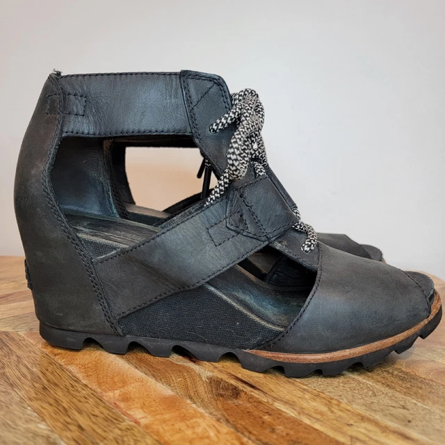SOREL SANDALS WOMENS 8.5 Black Joanie Lace Up Open Toe Wedge Heel