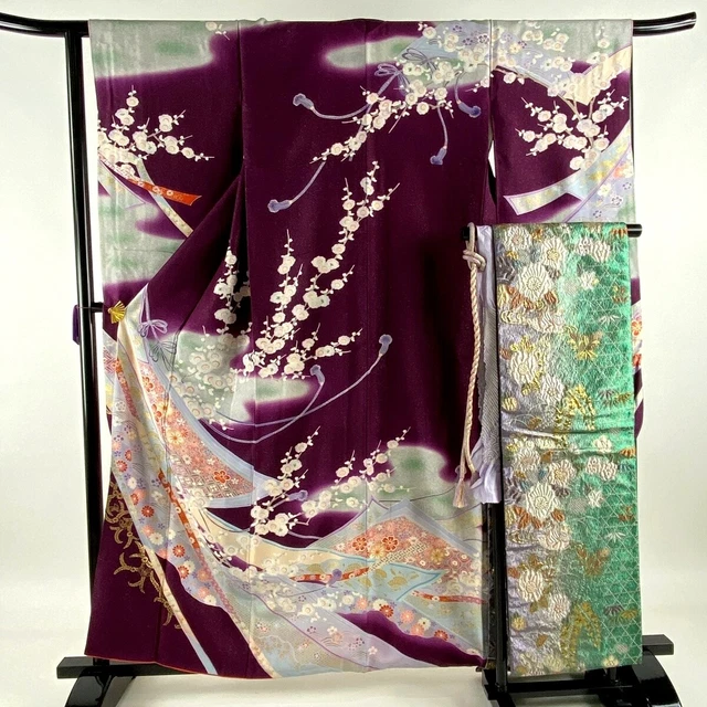 Japanese kimono SILK"FURISODE" with "OBI", threaded with gold, gifts, L63"..2664