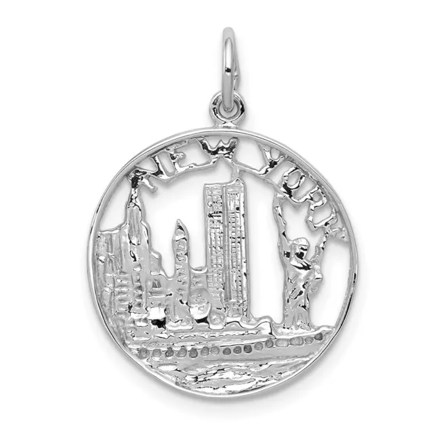 14k White Gold Polished NEW YORK SKYLINE Circle Charm Pendant 0.99 Inch