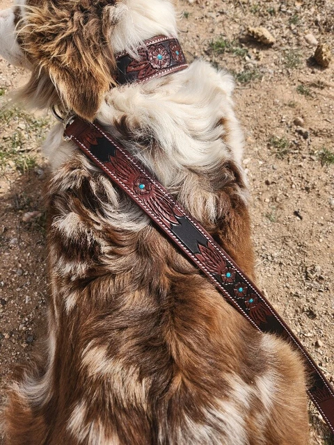 Leather Leash- Turquoise Center- Hand Painted & Tooled