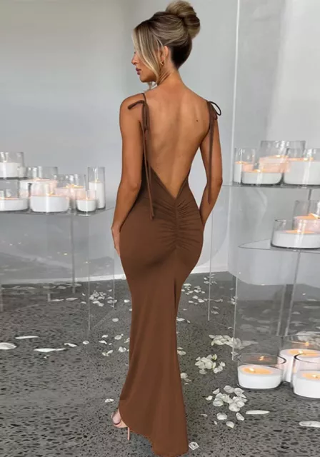 New brown backless long evening formal wedding party dress size UK 8