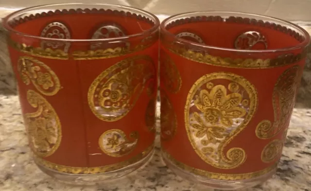 Vintage MCM Culver Red Paisley Low Ball Old Fashioned Rocks Glass Set of 2