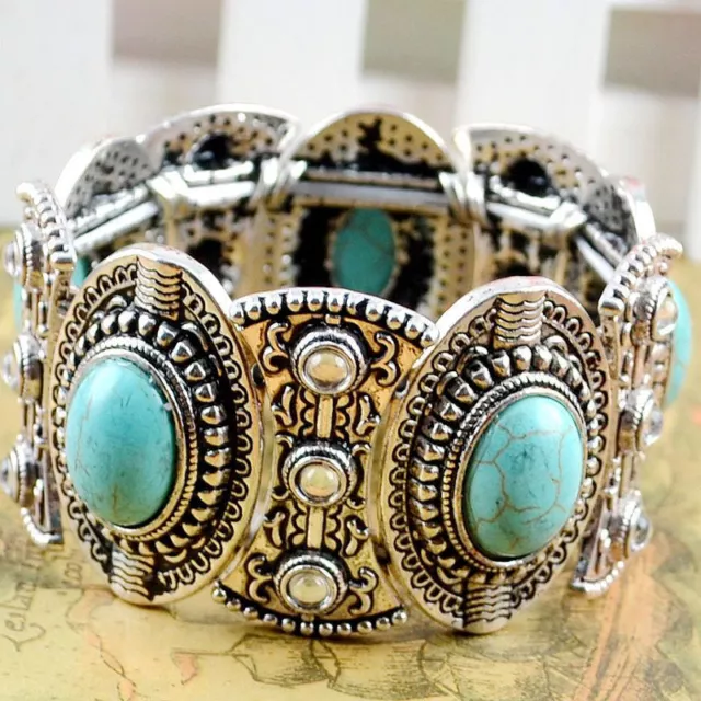 Chic Boho Damen Retro Vintage natürlich türkis tibetisches Silber Armband Cu# $ 6