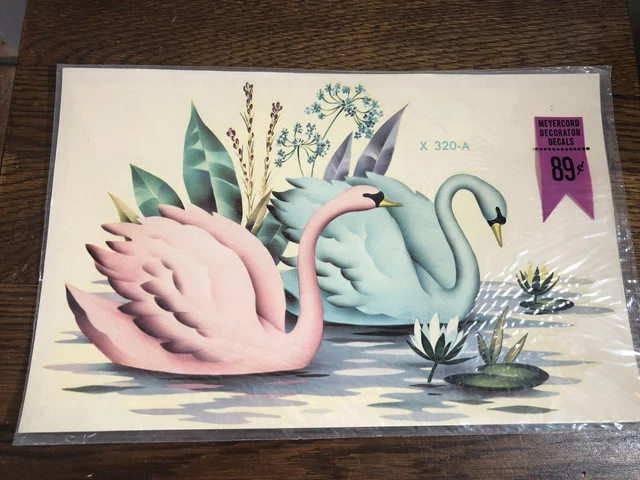 Calcomanía de cisne grande rosa/azul vintage Meyercord x-320-A 8 x 12