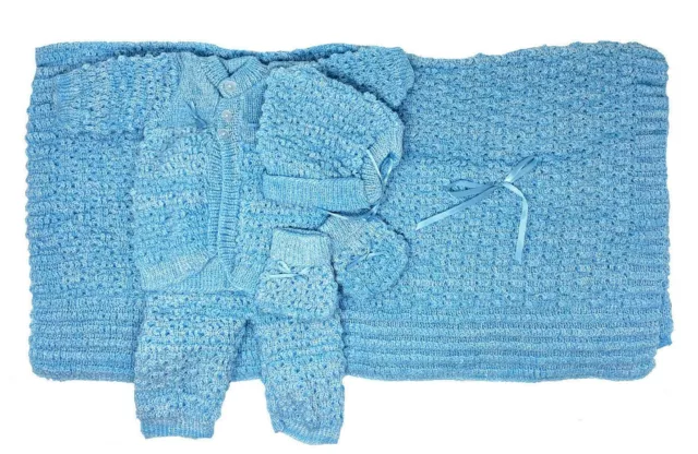 Crochet Baby Blanket and Hat Newborn Outfit Set Mittens Pants Sweater Blue