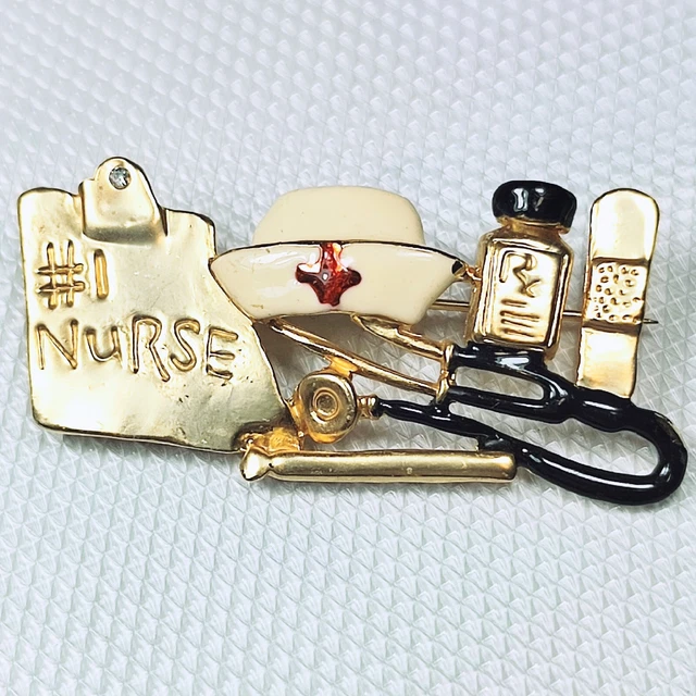 Rare VTG Pin Brooch # 1 Nurse Hat Clipboard Stethoscope Medical Hospital Doctor